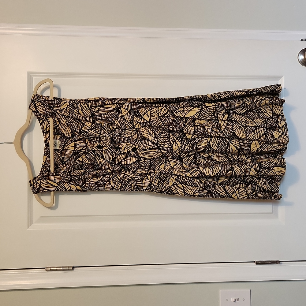 Anthropologie mustard yellow and black leaf print dress